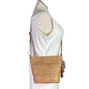 The Sak Crossbody Bucket Bag Tan Floral Tooled Leather Adjustable NEW